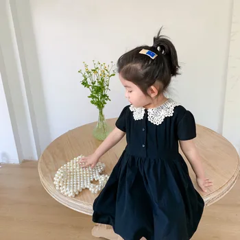 

Summer New Arrival Korean style cotton pure color princess short sleeve dress with lace collar for cute sweet baby girls