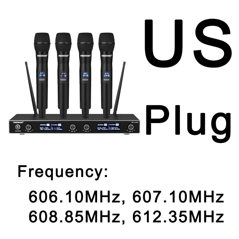 FREEBOSS FB-U400H2 4 Channel UHF Wireless Microphone System with 2 Bodypack and 2 Handheld Microphone of Church Family Party 