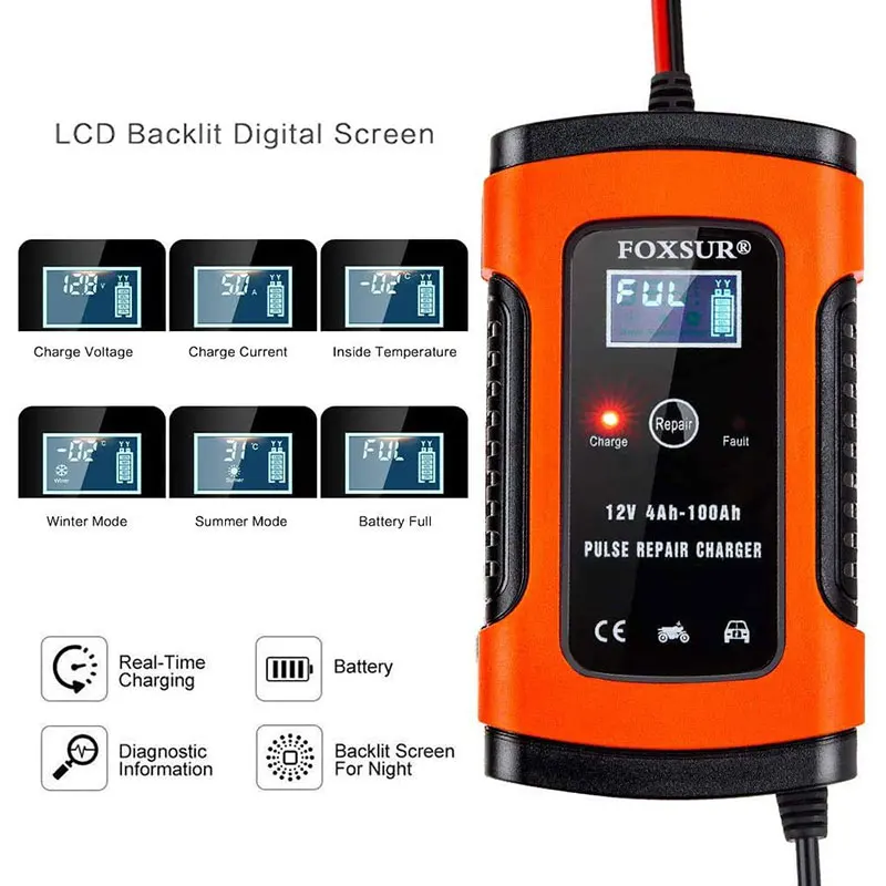 12V 7-Stage Pulse Repairing Charger with LCD Display Motorcycle & Car Battery Charger AGM GEL WET Lead Acid Battery Charger