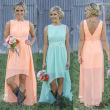 Новое Дешевое платье подружки невесты с открытой спиной, высоко и низко шифоновое Коралловое мятно-зеленое пляжное платье подружки невесты