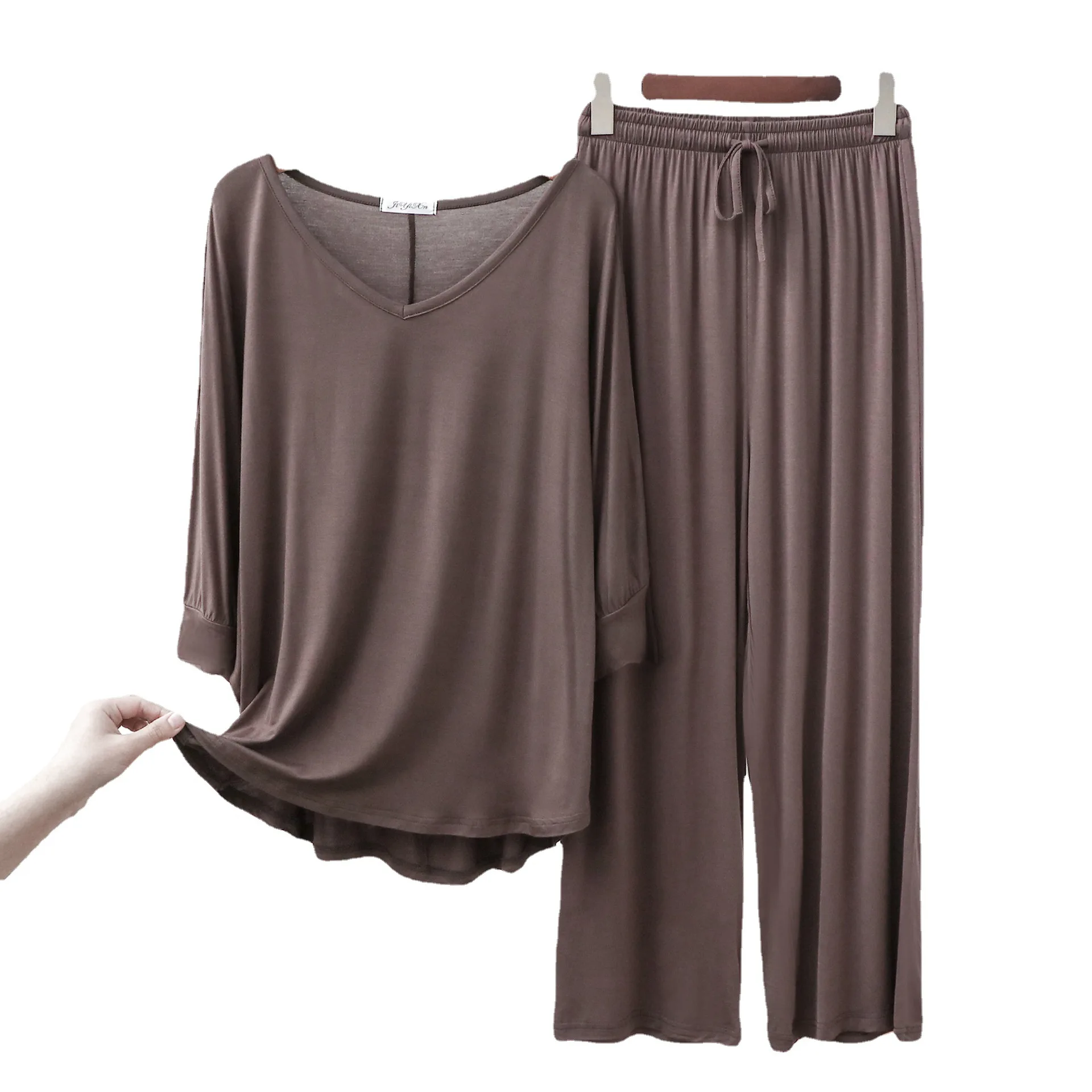 2 pieces set Buttflap Pajamas suit bat sleeve cotton v-neck elastic waist wide leg pants trousers soft home wear women pajamas set,women pajama suit,cotton pajamas set
