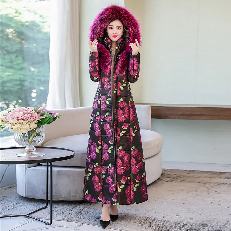 

2019 Winter New Style Debutante Elegant Fashion Hooded Luxury Printed Thick down Jacket Cotton-padded Clothes Explicit Long Thin