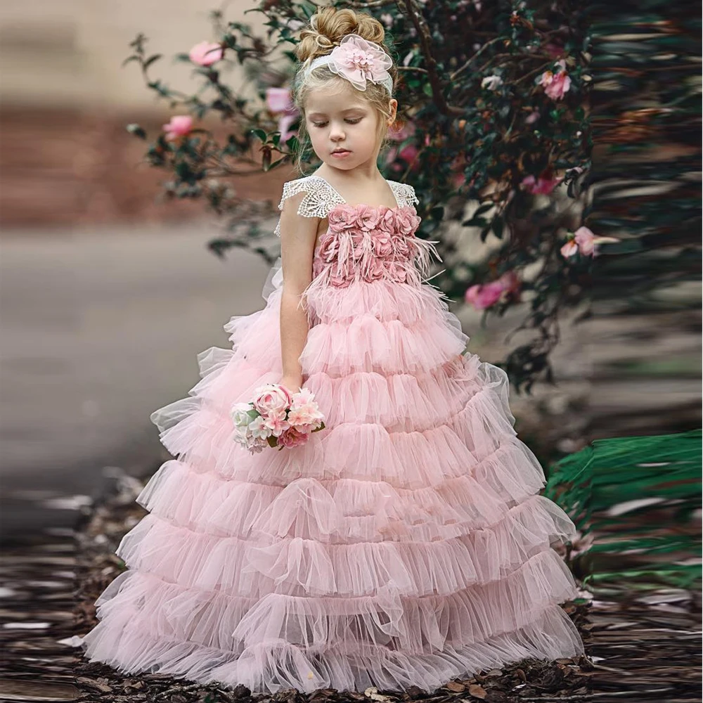 Многоярусные Розовые Платья с цветочным узором для девочек; кружевное платье из тюля с цветочным узором ручной работы; розовое детское вечернее платье; платья для причастия; vestidos - Цвет: same as image