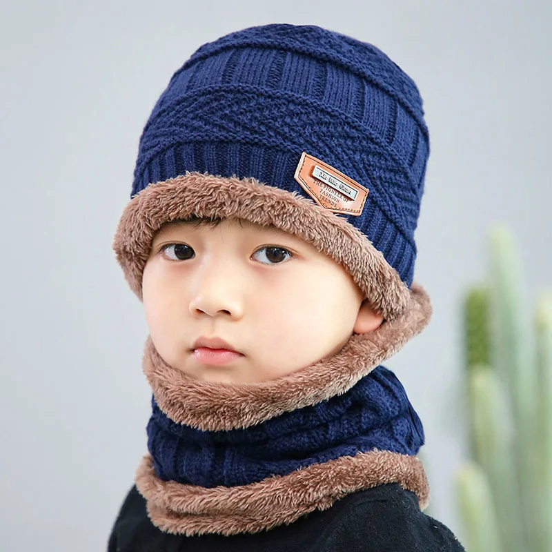Осенне-зимние детские вязаные хлопковые шапки, теплые и удобные Лыжные маски, шапки, шарф для девочек и мальчиков, шапка с меховым помпоном из енота