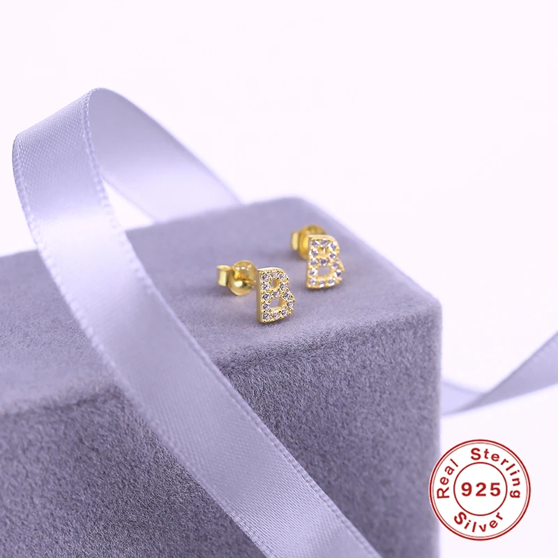CANNER Small 925 Sterling Silver Alphabet Stud Earrings for Women Exquisite Zircon Cartilage Piercing 26 Letter Earings Jewelry