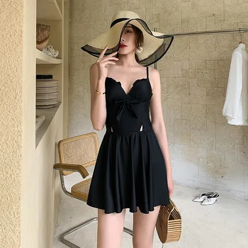 

Swimsuits Women Summer 2019 Swimsuit Push-Up Indoor One Piece With Skirt Block Underwire Hot Bathing Suit Solid Polyester Sierra