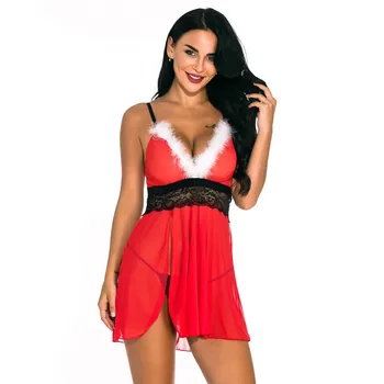 

New Christmas Lingerie for Women Sexy Lace Nightdress Sleepwear With Thong Set