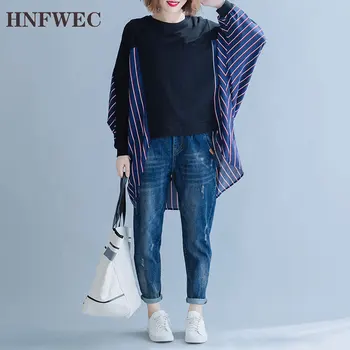 

2019 Autumn New Pattern Round Collar Long Sleeve Fake Two Piece Patchwork Striped Pullovers Casual Sweatshirt F965
