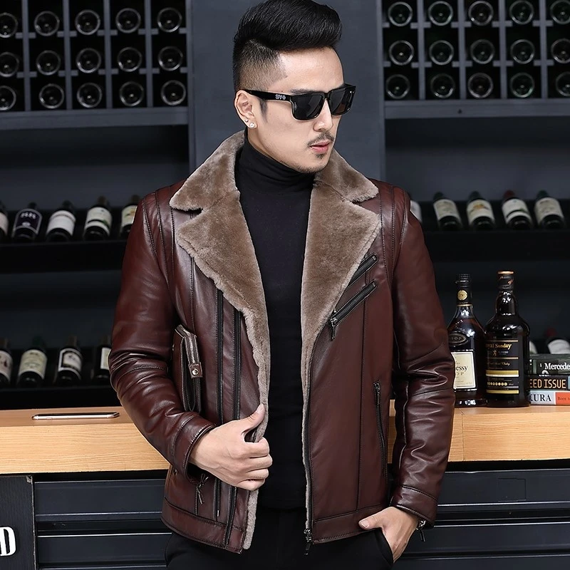 Chaqueta de piel auténtica para hombre, abrigo corto de lana gruesa para trabajo de oficina, de piel de oveja de lujo, talla grande, Invierno|Abrigos de cuero genuino| - AliExpress
