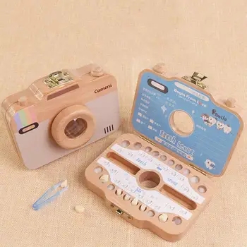 

Baby Tooth Keepsake Box Camera Shaped Wooden Container Storage Teeth House Gift Baby growing anniversary Wooden Infant teeth box