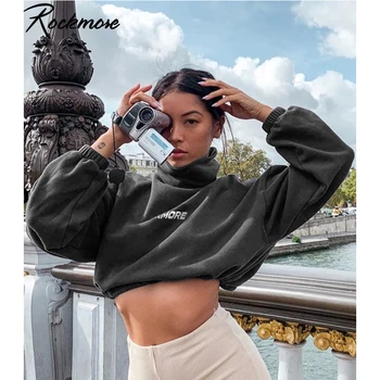 

Rockmore Letter Print Turtleneck Crop Top Sweatshirt Plus Size Drawstring Cropped Sweatshirt Women Hoodies Women Sweatshirts Top