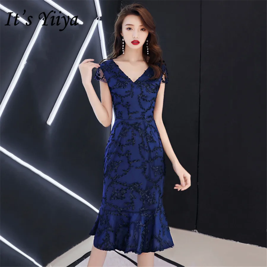 Это Yiiya платье для выпускного вечера русалка темно-синий короткий vestidos de gala размера плюс v-образным вырезом без рукавов на молнии женское вечернее платье E1401 - Цвет: navy blue
