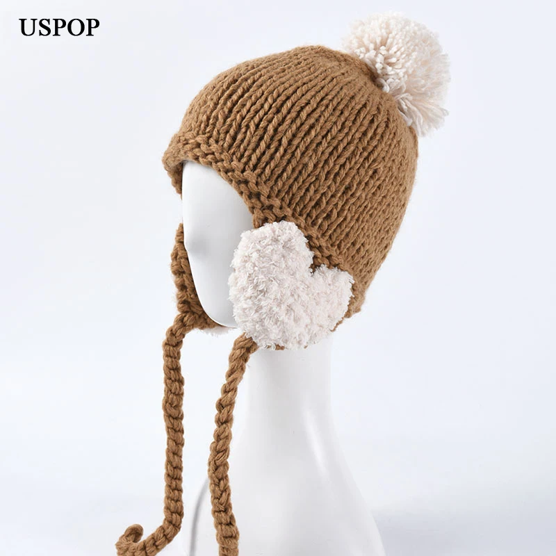 

USPOP 2019 Fashion winter kitted hats women skullies female cute beanies with braid ear protection pompom hats