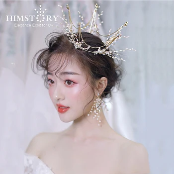 

Himstory Romantic Handmade Tiara Crowns Gold Handmade Full Round Brides Headband Queen Princess Pageant Crown Hair Accesories