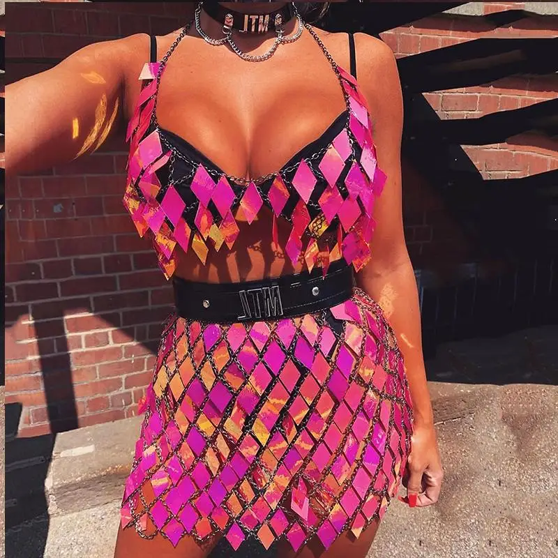 

Sexy Rave Festival Outfits Blue Rose Red Shiny Sequins 2 Piece Set Low Neckline Sleeveless Backless Crop Top Hollow Mini Skirt