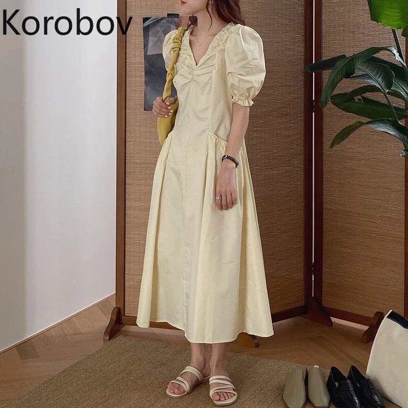 Корейские женские платья Korobov с V-образным вырезом и коротким рукавом винтажное