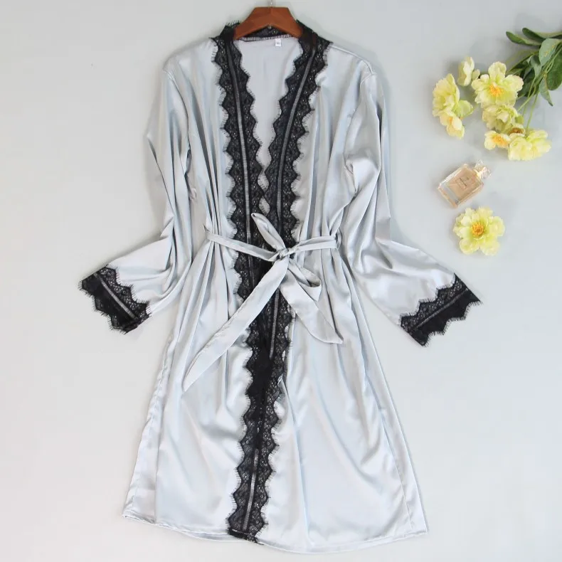 New Style Sexy Pajamas Female Spring Summer Long Sleeve Nightgown Piece-Slip Nightdress with Chest Pad Thin Ice Silk