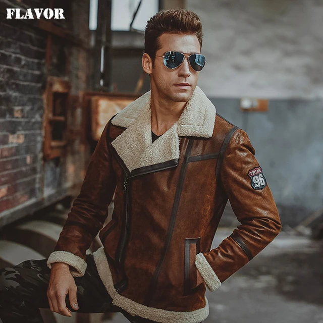 FLAVOR Men's Real Leather Bomber Jacket with Removable Fur Collar Aviator  at  Men’s Clothing store