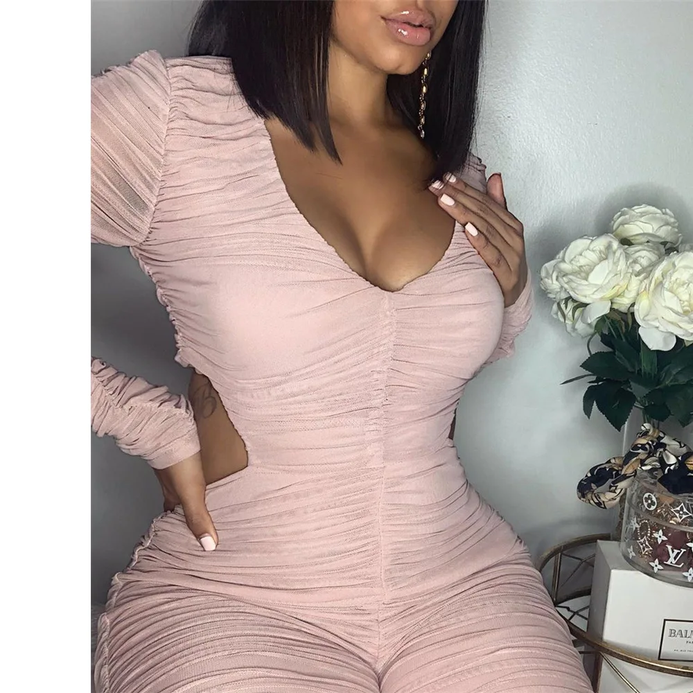 BKLD Ladies Jumpsuits Fashion Ruched Long Sleeve Bodycon Clubwear Playsuits Womens Jumpsuit Autumn New Pink V-Neck Rompers
