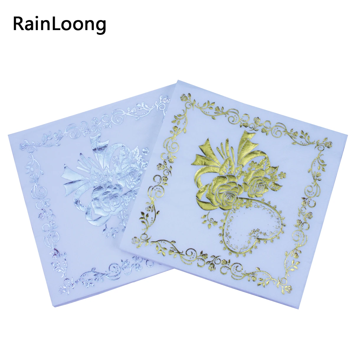 

[RainLoong] Flower Print Gold Silver Foil Paper Napkins Tissue Serviettes For Party Decoration 33*33cm 2 Plys