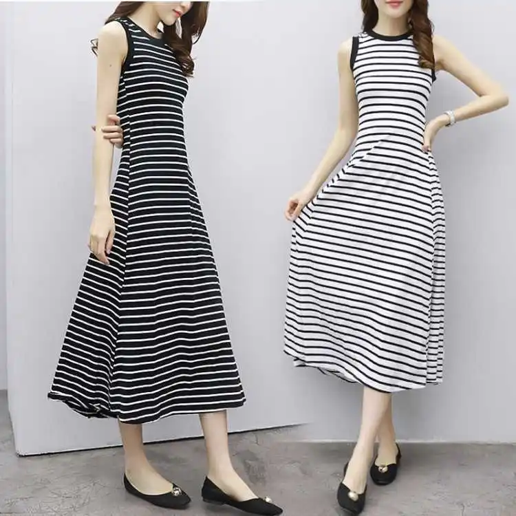 

-2019 Summer Stripes Slimming Crew Neck Dress Women's Retro Sleeveless Sundress A- line Long Skirts Clothes