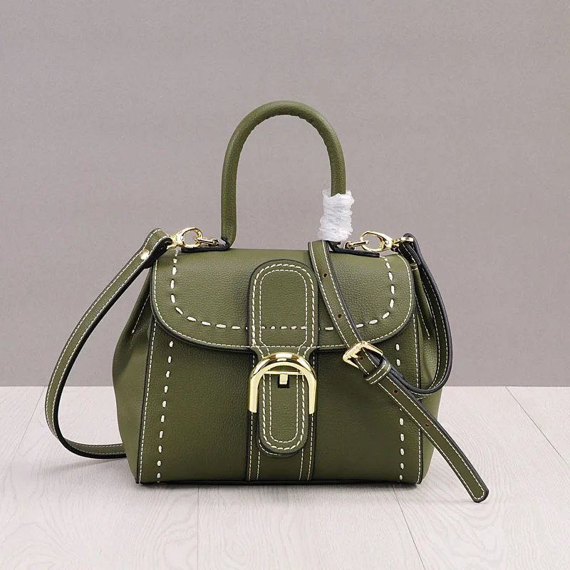 Высокое качество воловья кожа натуральная кожа женские сумки на плечо винтажная дамская сумочка Классический стиль сумка с верхней ручкой - Цвет: Армейский зеленый