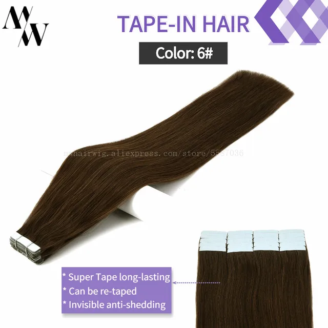 MW Double Drawn Remy Tape In Human Hair Extensions 100% Real Skin Weft Adhesive Glue On Seamless Natural Hair 16/20/24 Inches #6