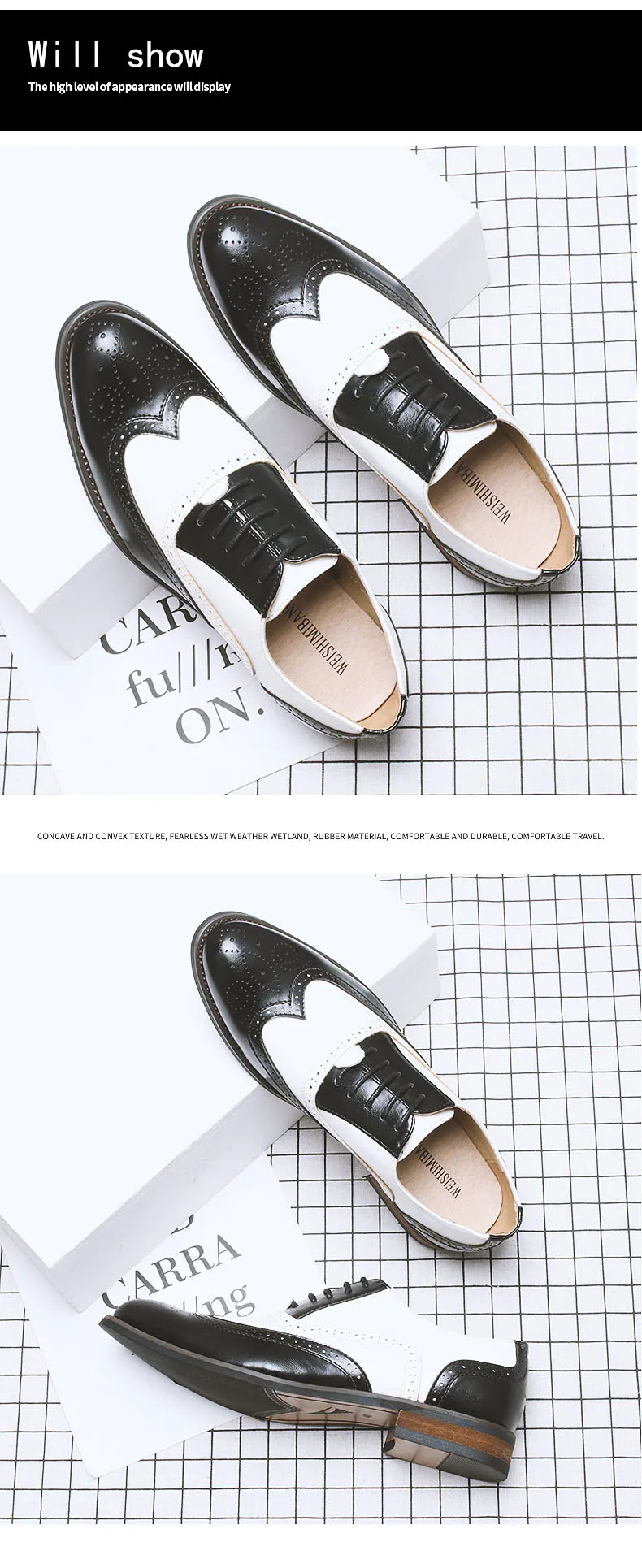 Misalwa/Летняя мужская обувь с перфорацией типа «броги»; цвет черный, белый; смешанные цвета; деловой костюм с резным узором; кожаная деловая обувь на шнуровке