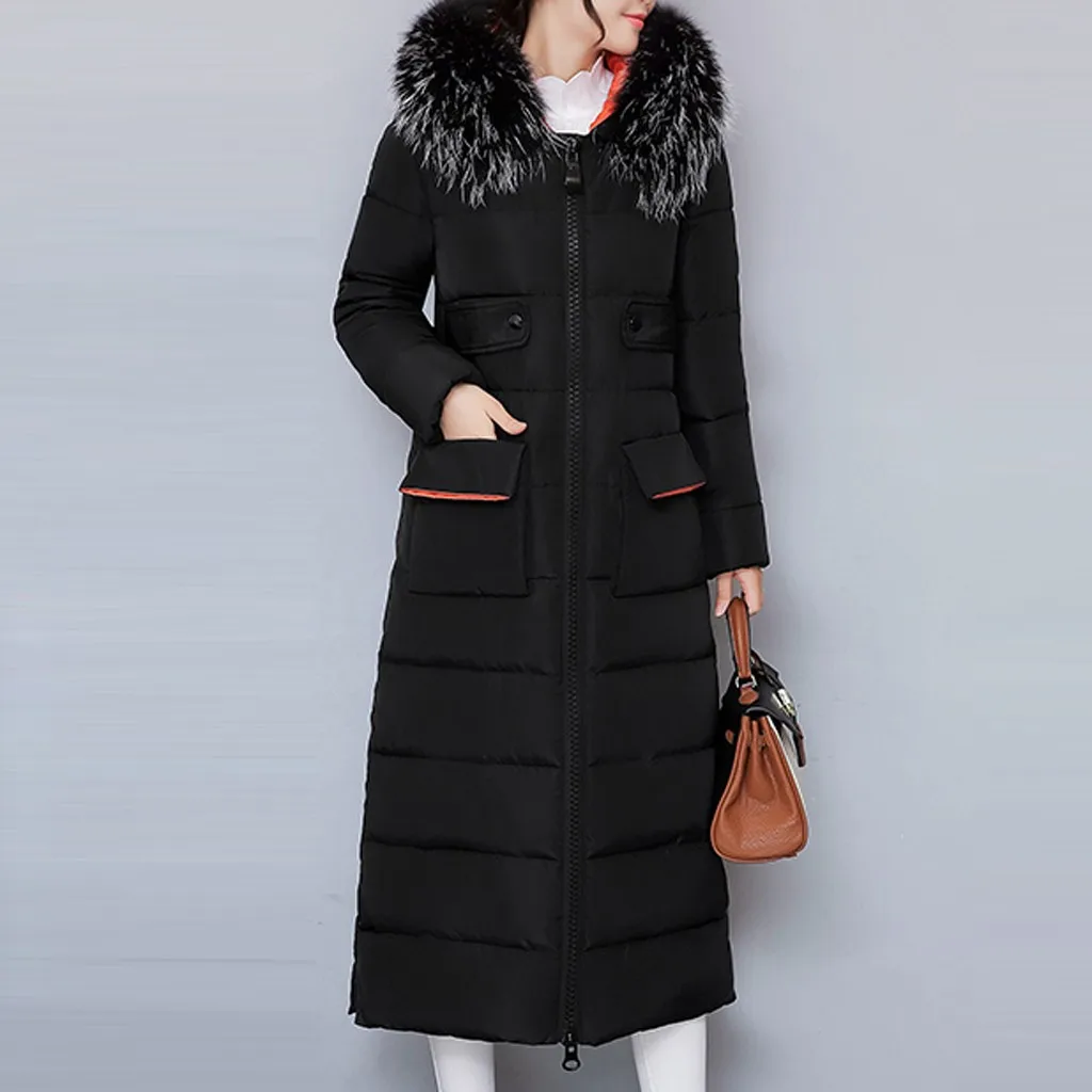 Зимнее пальто, женский длинный пуховик, большой меховой воротник, с капюшоном, модная зимняя одежда, теплая, с хлопковой подкладкой, длинный рукав, пуховик, зимнее пальто