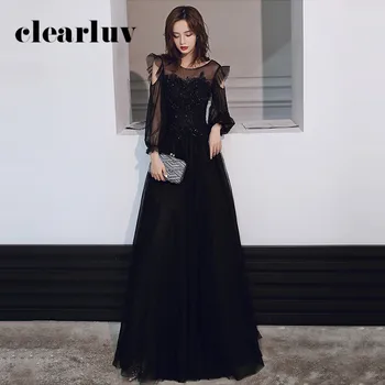 

Beading Pattern Vestido De Fiesta DR380 Invisible Zipper Women Party Dresses Black A-Line Evening Dress O-Neck Formal Gowns 2020