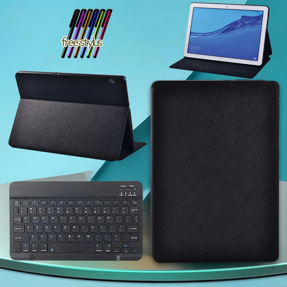 

Case for Huawei MediaPad T5 10 10.1 Inch - Black PU Leather Protective Stand Folio Cover + Wireless Bluetooth Keyboard + Stylus
