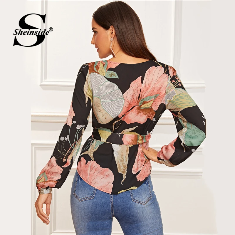 Sheinside Повседневная Длинная блузка с цветочным принтом для женщин Осенние блузки с рукавом-фонариком для дам с поясом с изогнутым подолом