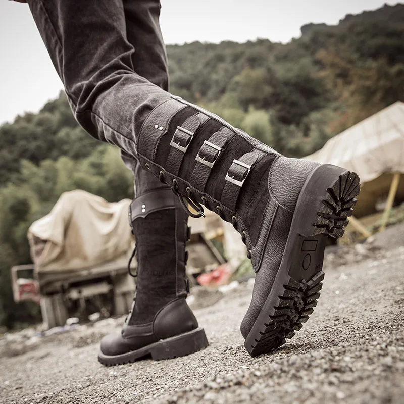 Rock Shoes Mens Punk Boots Black Combat Military High Bot Lace Up Army Shoes Metal Buckle Mid Calf
