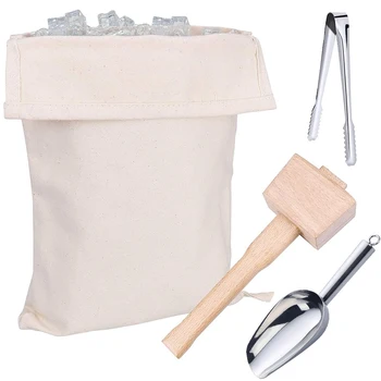 

Canvas Ice Bag and Wooden Mallet for Ice Crushing,Stainless Steel Ice Scoop and Ice Tongs for Ice, Kit & Bar Tools