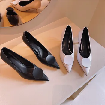 

Women's Shoes 2020 new fashion pointy round button intelligent temperament white high heels elegant thin middle single shoefk