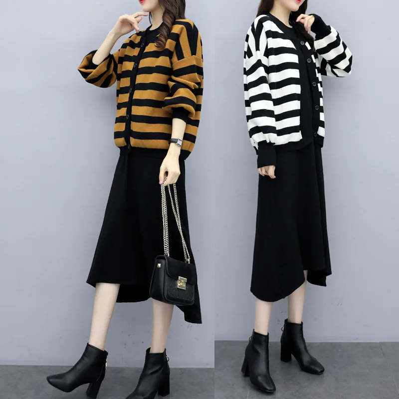 

2019 Autumn And Winter New Style Large Size Dress Large GIRL'S Stripes Slimming Knitted Cardigan + Jersey Dress Two-Piece Set