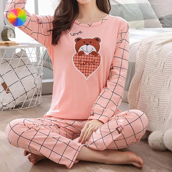 

Trendy Women Pajamas Sets Cartoon Heart Bear Long Sleeve Homewear XBFF