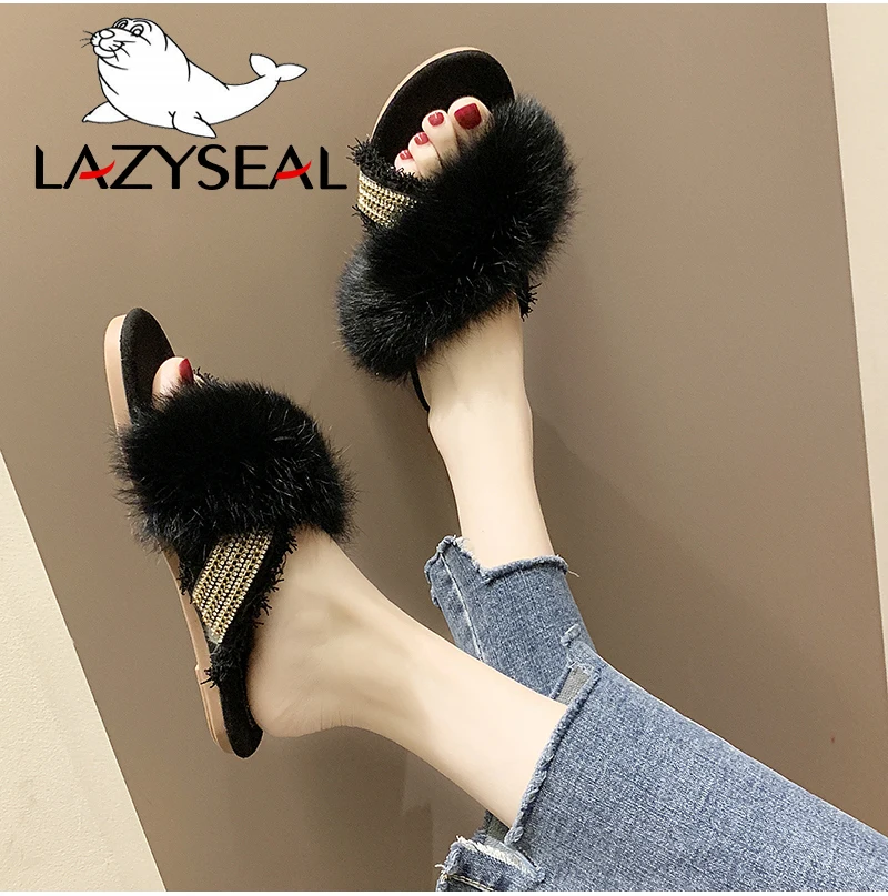 LazySeal натуральный тапочки их меха под кролика женская обувь, хлопковая ткань; женские сланцы на плоской подошве; обувь на высоком каблуке обувь в стиле шик Для женщин пушистые закрытые шлепанцы без задника с открытыми пальцами