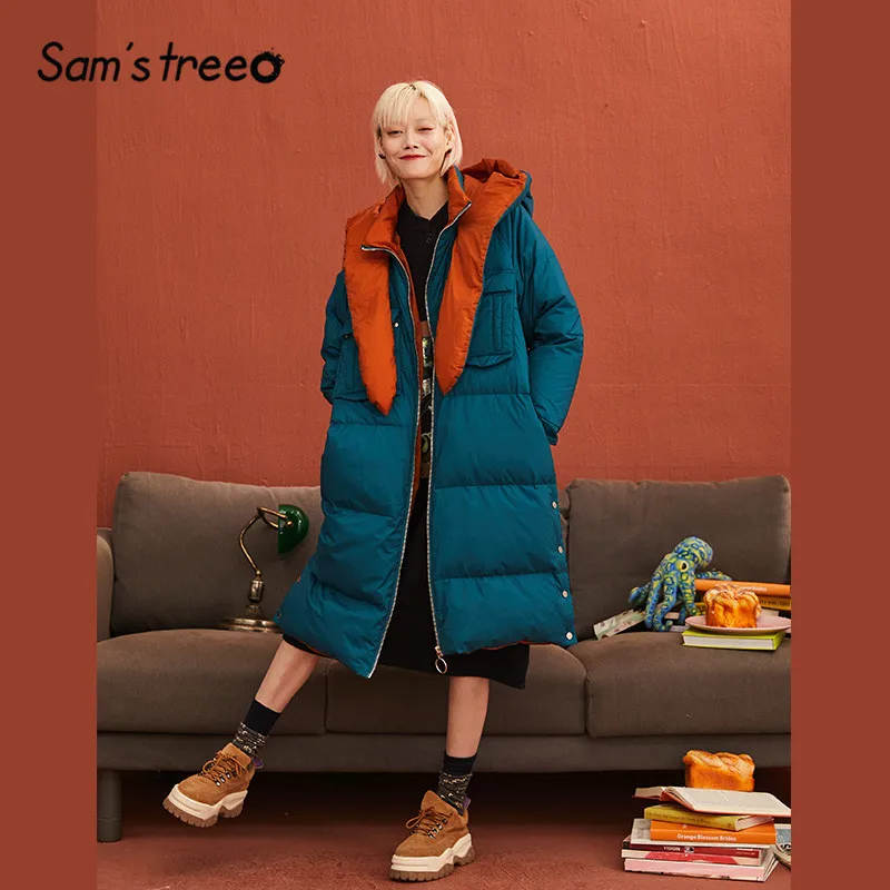 SAM'S TREE павлин синий однотонный бант спереди прямой теплый пуховик для женщин зима корейский Офис Леди Повседневная Верхняя одежда