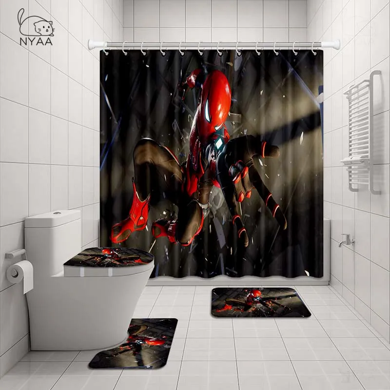 NYAA 4 шт Человек-паук занавеска для душа пьедестал коврик крышка унитаза коврик для ванной набор ковриков для ванной комнаты декор - Цвет: NY20151