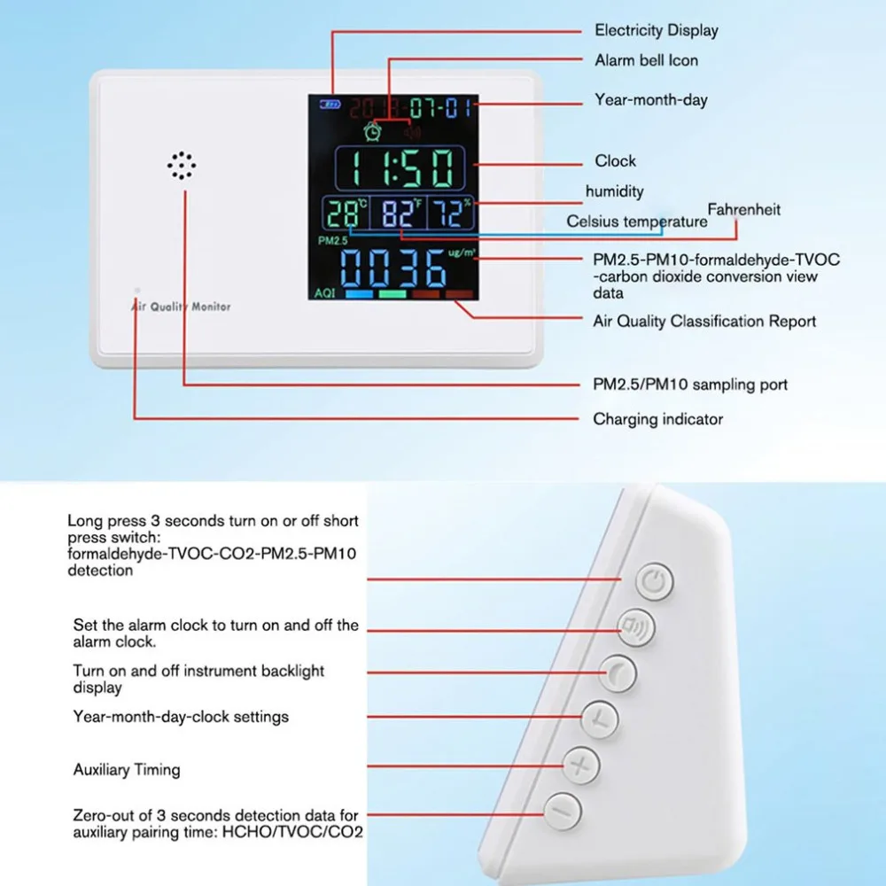 Цифровой детектор формальдегида HCHO/TVOC/CO2/PM2.5/PM10/Temp/Humi тестер AQI монитор качества воздуха анализатор газа