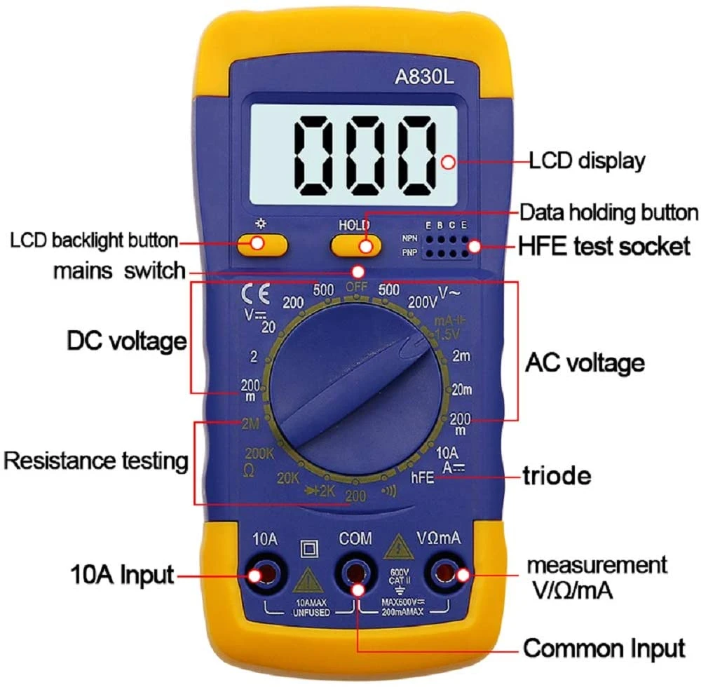 A830L LCD Multimètre Numérique AC DC Voltmètre Ampèremètre Diode Volt Courant Testeur