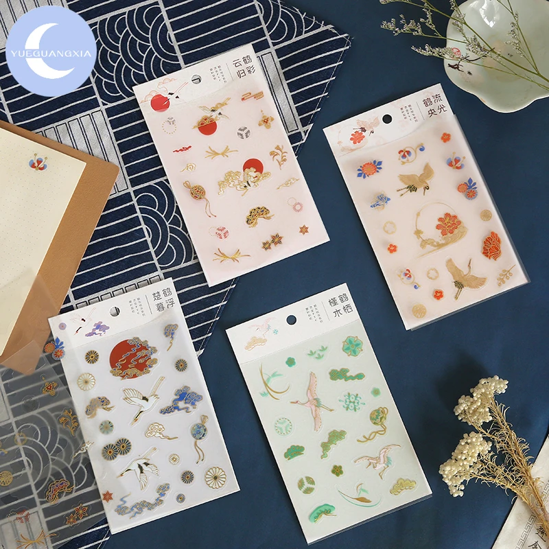 

YueGuangXia 4 Designs Red Crowned Crane Cloud Peony PET Stickers Transparent PET Material Flowers Leaves Plants Deco Stickers
