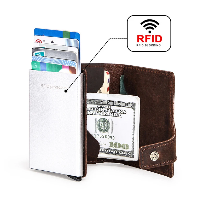 Contact's Crazy Horse Leather Men Wallet Rfid Blocking Credit Card Holder Aluminum Box Automatic Pop Up Business Security Purse