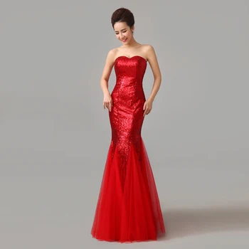

Classic Strapless Female Mermaid Qipao Noble Long Slim Cheongsam Novelty Vestidos Bling Sequins Chinese Red Bride Wedding Dress
