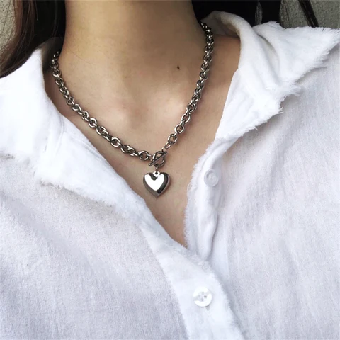 Punk Silver Color Big Heart Clavicle Necklace Fashion Women OT Buckle Thick Chain Pendant Necklace Metal Chain Jewelry Gift