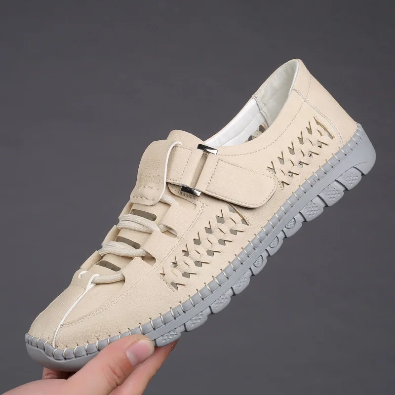 Men's Leather Sandals Hollow Platform Sandals 2021 Handmade Soft