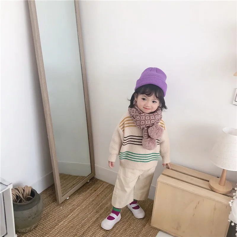 Korean Fashion Vintage Floral Print Winter Scarf Children Fur Ball Cute Knitting Warm Snood Children Neck Scarf Streetwear Shawl