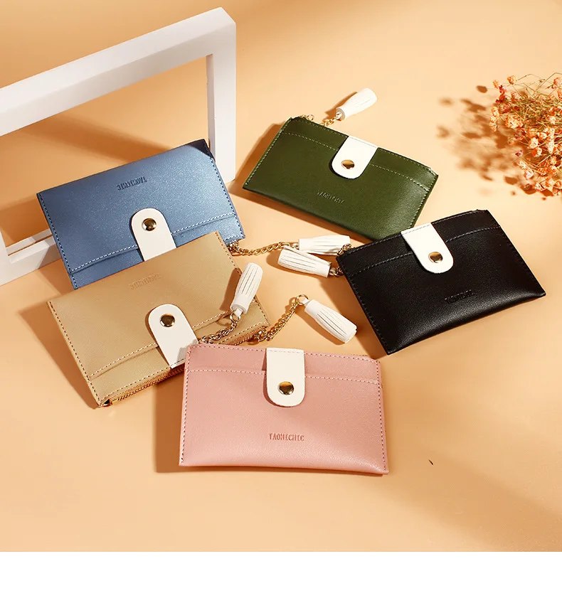 Корейский Одноцветный мини-кошелек с кисточками, креативная сумка для карт, полиуретановый карман на молнии, кошелек, маленькая сумка