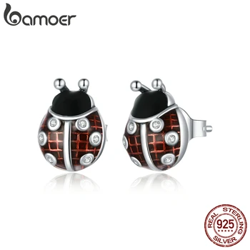 

bamoer 925 Sterling Silver Little Ladybug Stud Earrings for Girl Enamel Asymmetry Hypoallergenic Ear Stud for Kids SCE972
